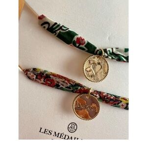 Sezane Gold Medallion Bracelets with Green and Pink Floral Bands